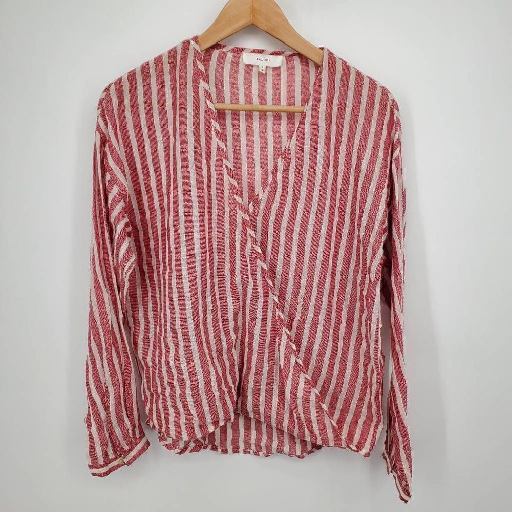 Talori Women's‎ Red White Striped Faux Wrap Long Sleeve Shirt Size Small